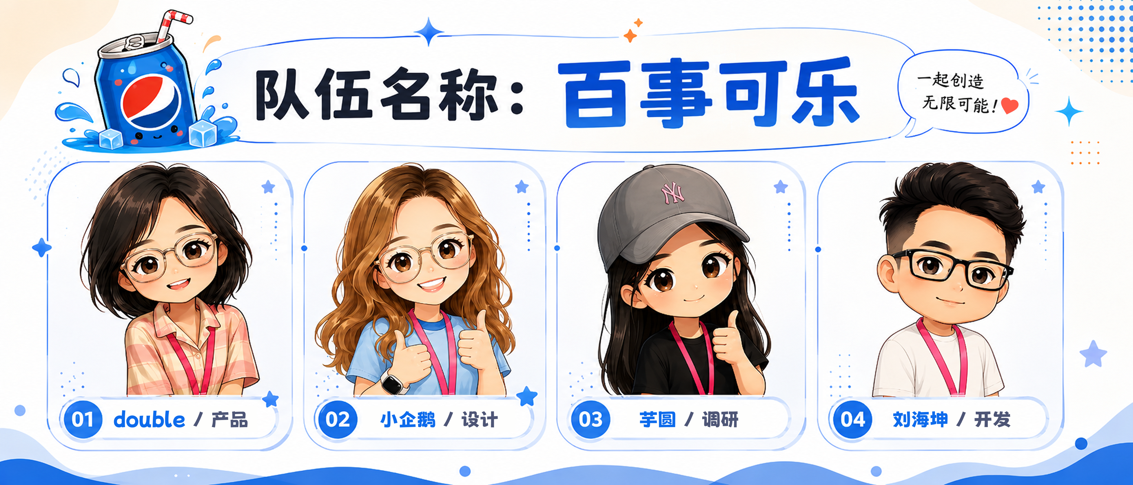 百事可乐团队成员：double 产品、小企鹅 设计、芋圆 调研、刘海坤 开发
